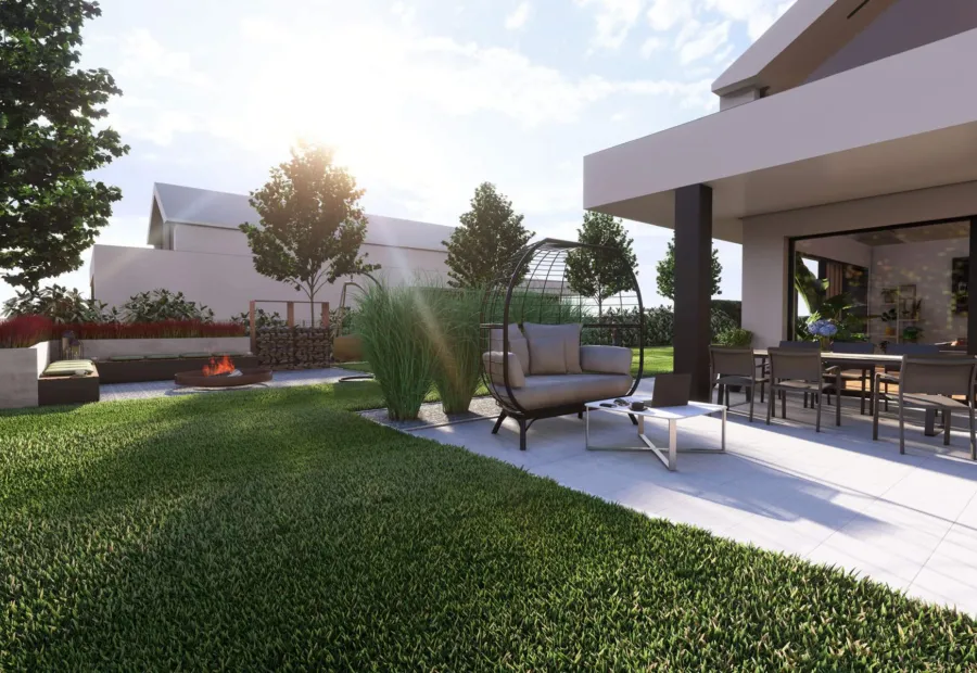 Render nowoczesnego tarasu z zielenią