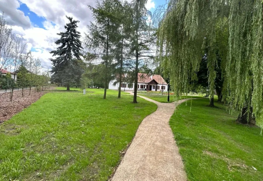 Ścieżka parkowa wśród wierzb z dworkiem w tle